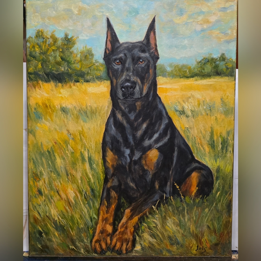 Abstract oil Painting cute Doberman dog , Painting from photo